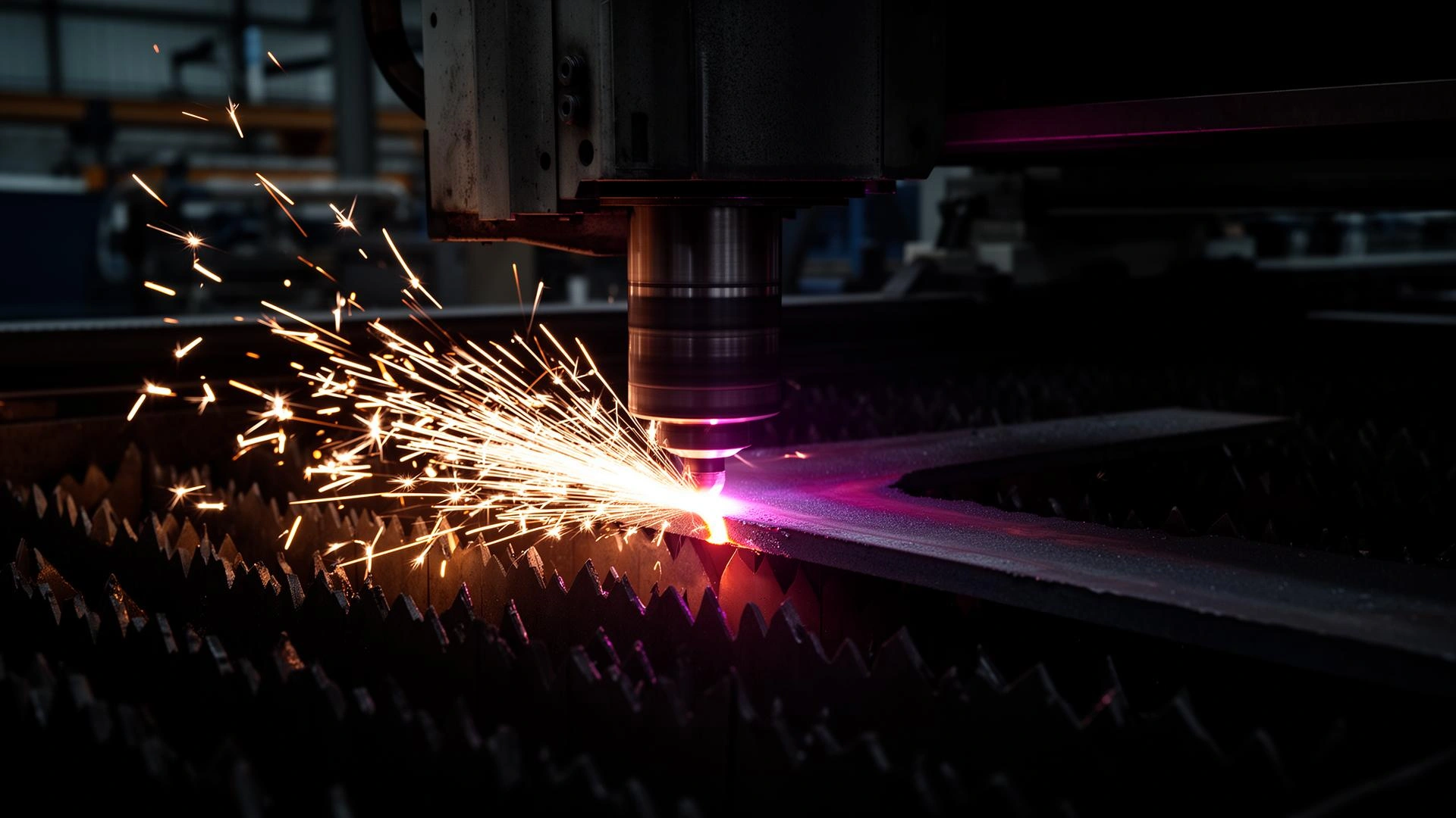 Fiber laser cutting steel with sparks flying